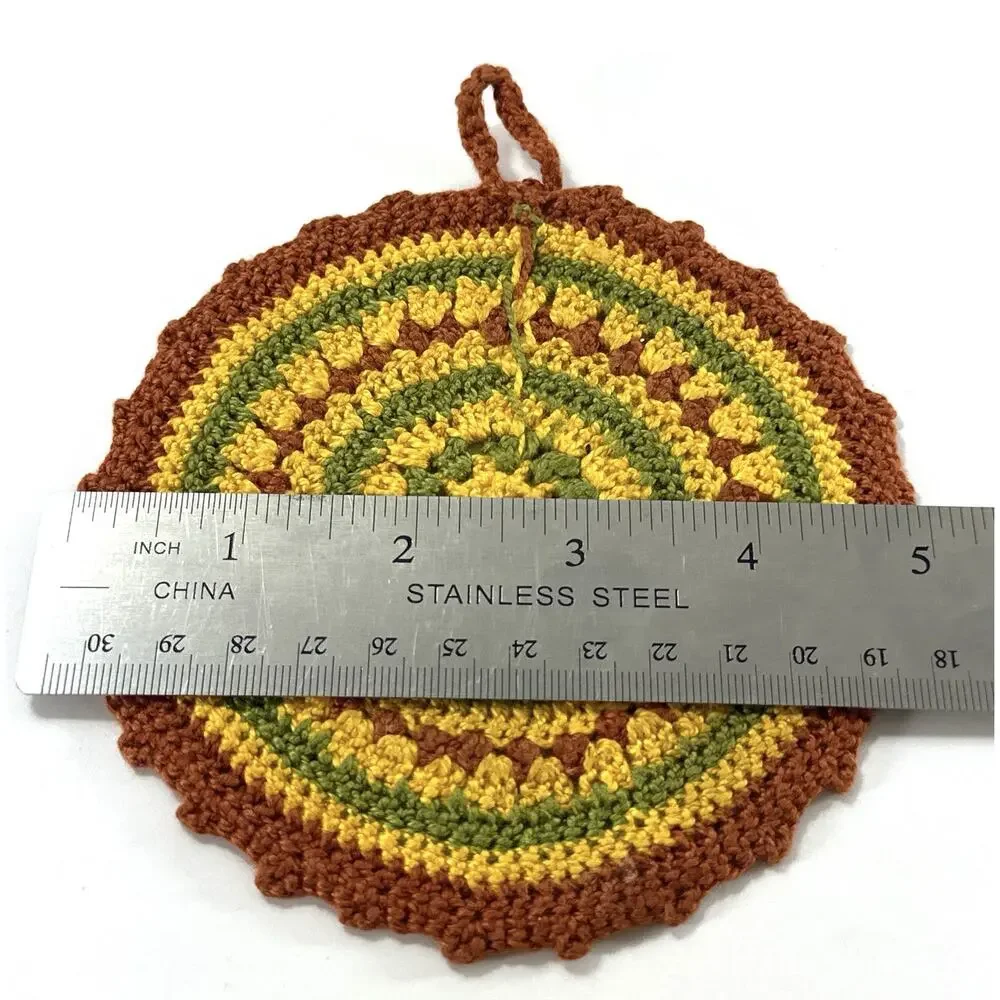 Vintage Hand Crocheted Potholder Set Round Square Yellow Green Brown Cotton 2 Pc